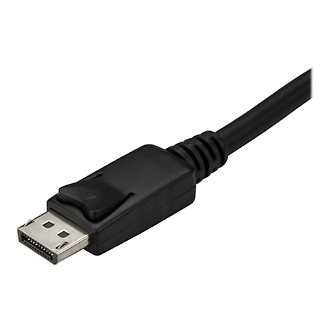 Nahaufnahme eines schwarzen DisplayPort-Kabels, Stecker im Fokus, graue Pins.