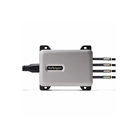 Ein silberfarbenes Gerät mit schwarzem Stecker und Kabeln, mit "StarTech.com" Aufschrift.