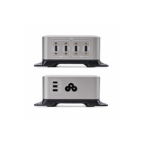 Grauer, rechteckiger Stromadapter mit USB- und Stromanschlüssen. Oben: 4 USB-C-Anschlüsse; unten: Stromanschluss und andere.