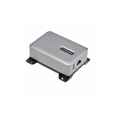 Graue StarTech.com Dockingstation mit schwarzem Sockel und Montagevorrichtung auf weißem Hintergrund.
