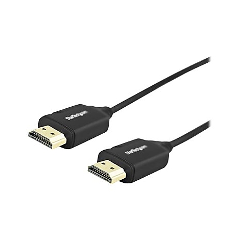 Schwarzes HDMI-Kabel mit goldenen Steckern. Das Kabel hat das StarTech.com Logo.