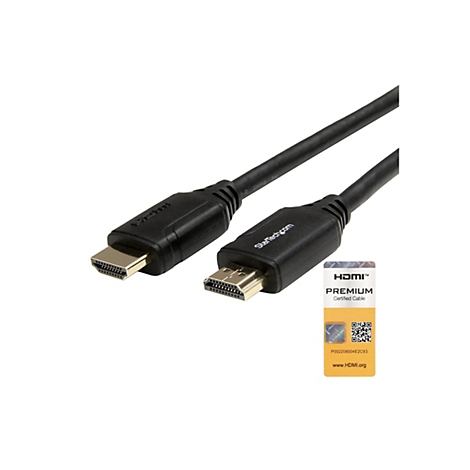 Zwei schwarze HDMI-Kabel mit Steckern; rechts Aufkleber mit HDMI-Logo und Text.