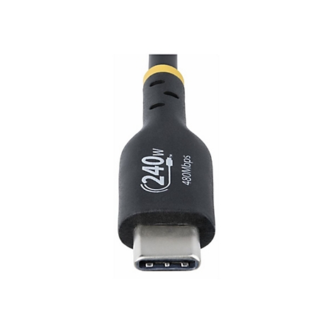 Nahaufnahme eines schwarzen USB-C-Kabels mit gelben Akzenten, das 240 W und 480 MBit/s unterstützt.