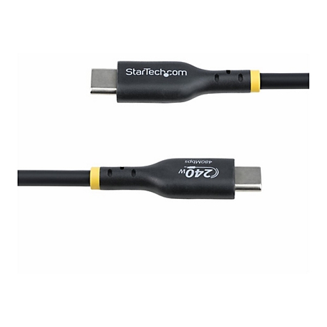 Zwei schwarze USB-C-Kabel, StarTech.com Logo und Leistungsangaben. Gelbe Markierungen.
