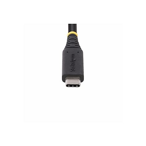 Nahaufnahme eines USB-C-Kabels. Das schwarze Kabel hat einen USB-C-Stecker mit der Aufschrift "Startech.com".