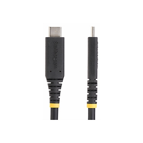 Ein schwarzes USB-C-Kabel mit gelben Akzenten, das von StarTech.com hergestellt wurde. Auf der linken Seite befindet sich der USB-C-Anschluss, auf der rechten Seite der Stromanschluss.