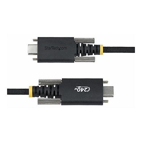Zwei USB-C-Stecker mit Verschraubung und 240W-Beschriftung vor weißem Hintergrund.