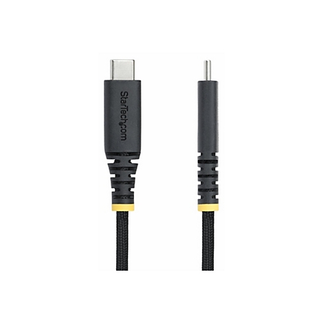 Schwarzes USB-C-Kabel mit gelben Akzenten, Marke Startech.com, links Stecker, rechts Stift.