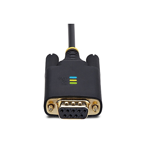 Schwarzer serieller RS232-Stecker mit drei leuchtenden Status-LEDs vor weißem Hintergrund.