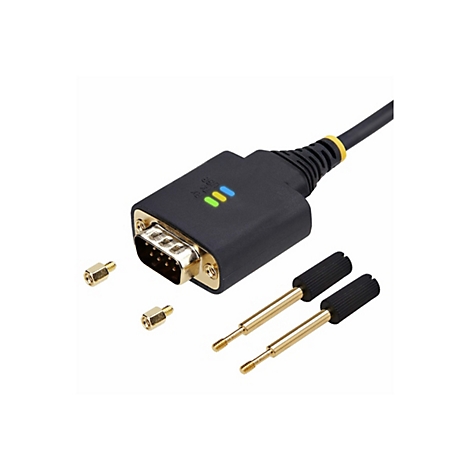 Schwarzer D-Sub-Stecker mit drei leuchtenden Status-LEDs und beiliegenden Schraubelementen vor weißem Hintergrund.