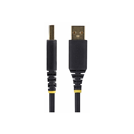 Ein schwarzes USB-Kabel mit goldenen Steckern, vor weißem Hintergrund. Der Herstellername „Startech.com“ ist auf einem Stecker aufgedruckt.