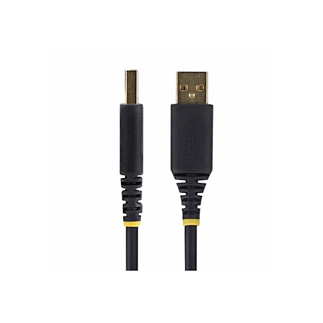 Zwei schwarze USB-Kabel mit goldenen Steckern und gelben Akzenten auf weißem Hintergrund.