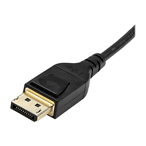 Nahaufnahme eines schwarzen DisplayPort-Kabels mit goldenen Kontakten. Der Stecker ist im Detail zu sehen, die Beschriftung "DBK" ist erkennbar.