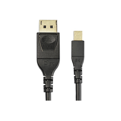Zwei schwarze Kabel auf weißem Hintergrund. Links ein DisplayPort-Stecker, rechts ein USB-C-Stecker. Auf beiden steht 8K.