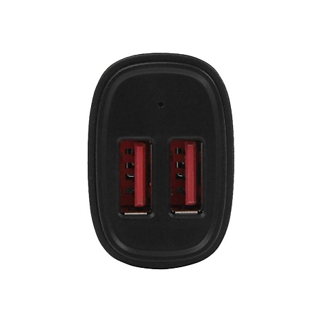 Schwarzes Ladegerät mit zwei USB-Anschlüssen. Rote Innenräume in den Anschlüssen.