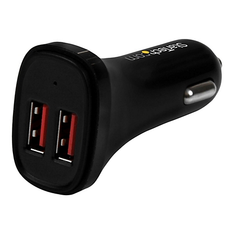 Schwarzes USB-Ladegerät für den Zigarettenanzünder, mit zwei Anschlüssen und roter Innenfarbe. "Startech.com" ist aufgedruckt.