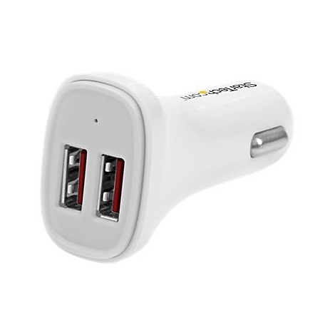Weißes USB-Autoladegerät mit zwei Anschlüssen. Die Anschlüsse sind rot ausgekleidet. Der Schriftzug Startech.com ist zu sehen.
