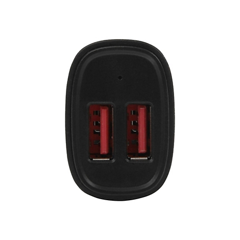 Nahaufnahme eines schwarzen USB-Autoladegeräts mit zwei roten USB-Anschlüssen.