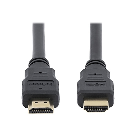 Zwei schwarze HDMI-Kabel mit Steckern vor weißem Hintergrund.