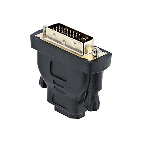 Ein schwarzer DVI-auf-VGA-Adapter, Detailansicht. Der Adapter hat Schrauben und goldfarbene Kontakte.