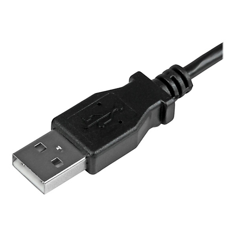Nahaufnahme eines schwarzen USB-Kabels, das auf weißem Hintergrund isoliert ist. Der Stecker ist im Fokus.