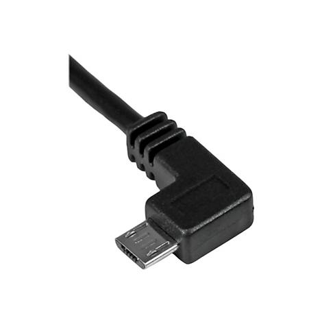 Schwarzer USB-Kabel-Anschluss im Winkel, Detailaufnahme vor weißem Hintergrund.