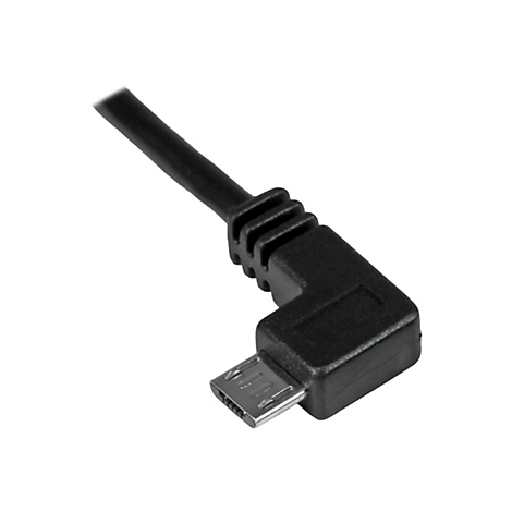 Ein schwarzes Micro-USB-Kabel, das im 90-Grad-Winkel gebogen ist. Der Stecker ist silberfarben.