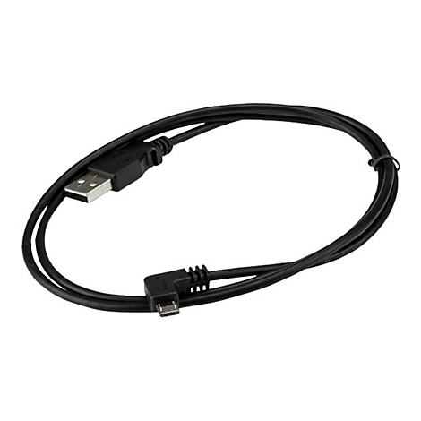 Schwarzes USB-Kabel, gewinkeltes Ende, liegt auf weißem Hintergrund.