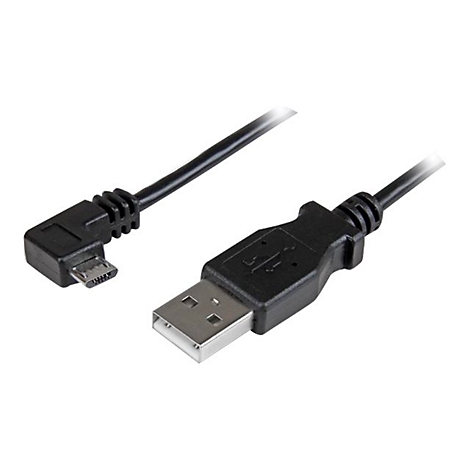Ein schwarzes USB-Kabel mit einem rechtwinkligen Micro-USB-Anschluss und einem Standard-USB-A-Anschluss.