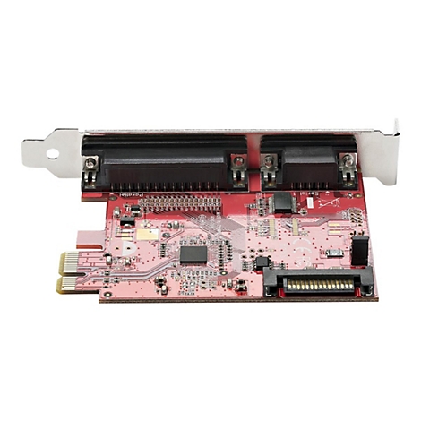 PCIe-Erweiterungskarte mit rotem Board, paralleler und serieller Schnittstelle sowie Metallblende.