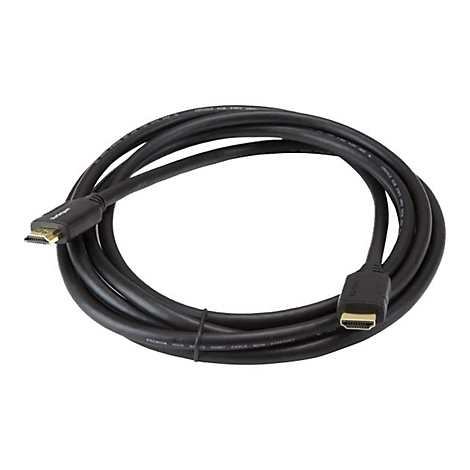 Ein schwarzes HDMI-Kabel liegt gewunden vor weißem Hintergrund. An den Enden sind Stecker zu sehen.