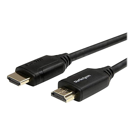 Ein schwarzes HDMI-Kabel mit vergoldeten Anschlüssen, die auf einem weißen Hintergrund liegen. Auf einem Stecker steht "HDMI", auf einem anderen "StarTech.com".
