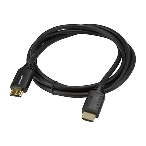 Ein schwarzes HDMI-Kabel, das auf weißem Hintergrund liegt. An beiden Enden sind Anschlüsse mit Goldkontakten zu sehen.