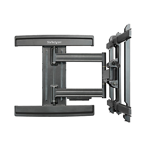 Schwarze TV-Wandhalterung, Hersteller StarTech.com, vor weißem Hintergrund. Die Halterung ist in zwei Hauptteile unterteilt: eine Platte für die Wandmontage und eine Halterung für den Fernseher. Das Design ist robust und funktionell.
