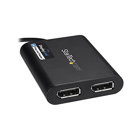 Schwarzer DisplayPort-Adapter mit zwei Anschlüssen. Aufschrift: DisplayLink 4K Plug and Display. Logo: StarTech.com.