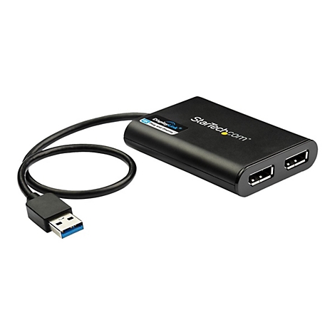 Schwarzer USB-Adapter mit StarTech.com Logo und DisplayLink Schriftzug. Zwei USB-Anschlüsse, verbunden mit USB-Stecker.