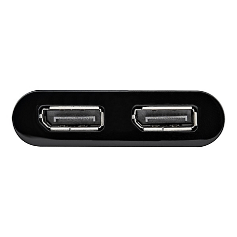 Schwarzer USB-Hub mit zwei Ports. Das Detailbild zeigt die Anschlüsse.