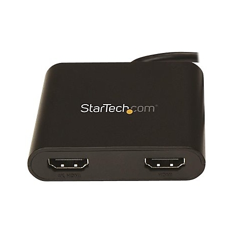 Schwarzer HDMI-Adapter mit zwei Anschlüssen und StarTech.com Logo. Unter den Anschlüssen steht 4K HDMI und HDMI.
