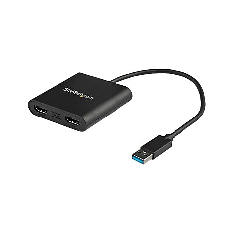 Schwarzer USB-HDMI-Adapter. Das Gerät zeigt zwei HDMI-Anschlüsse und ein USB-Kabel. Aufschrift: StarTech.com.