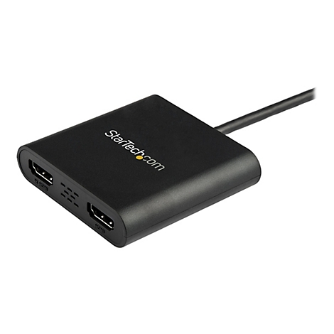 Ein schwarzer HDMI-Adapter der Marke StarTech.com. Er hat zwei HDMI-Anschlüsse und ein Kabel.