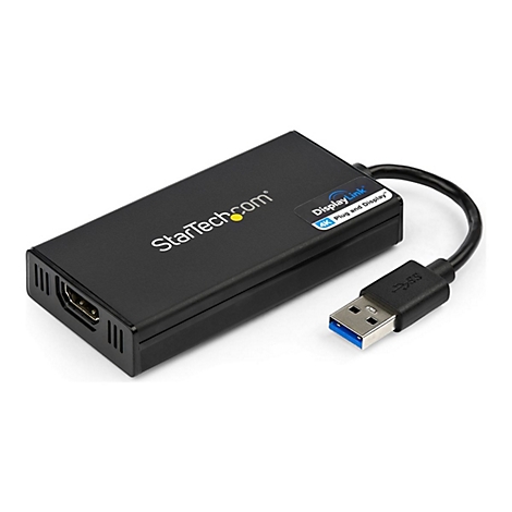 Schwarzer StarTech.com Adapter mit DisplayLink und USB-Anschluss, Nahaufnahme.