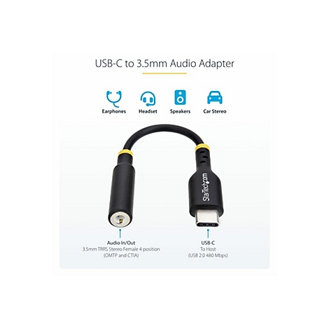 Schwarz-gelber USB-C-auf-3,5-mm-Audio-Adapter mit Symbolen für Kopfhörer, Headset, Lautsprecher und Autoradio.