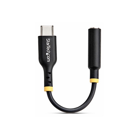 Ein schwarzer USB-C-auf-3,5-mm-Klinken-Adapter von StarTech.com. Beide Enden sind sichtbar.
