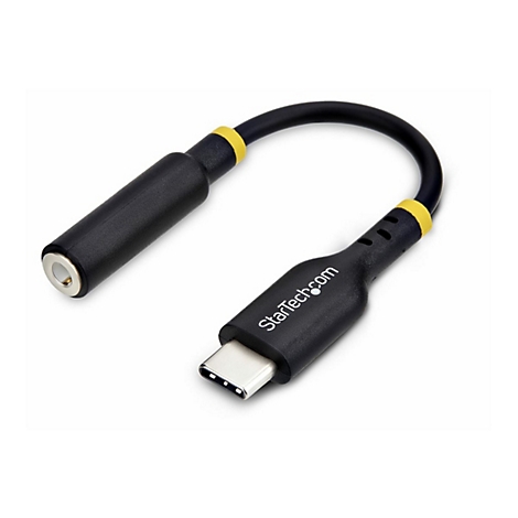 Schwarzer USB-C-auf-3,5-mm-Klinken-Adapter von StarTech.com. Beide Enden sind schwarz, mit gelben Akzenten und weißem Schriftzug.