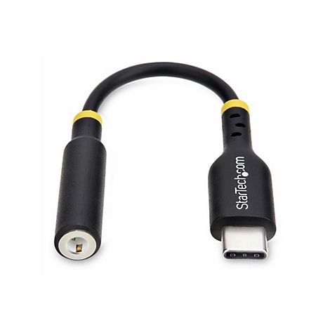 Schwarzer USB-C-auf-3,5-mm-Klinken-Adapter von StarTech.com. Beide Enden sind schwarz, verbunden durch ein schwarzes Kabel. Gelbe Ringe markieren die Übergänge.
