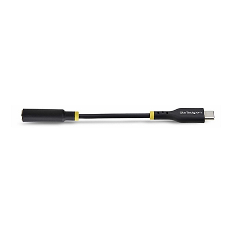 Schwarzer USB-C-auf-3,5-mm-Klinkenadapter mit gelben Akzenten. Auf dem Adapter steht StarTech.com.
