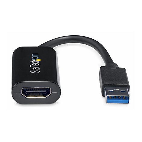Schwarzer HDMI-auf-USB-Adapter mit USB-A-Stecker, StarTech.com Logo. Schwarzes Kabel verbindet die beiden Enden.