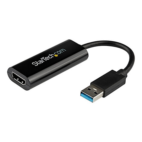 Ein schwarzer Adapter mit HDMI- und USB-Anschluss. Auf dem schwarzen Gehäuse steht StarTech.com in weißer Schrift.
