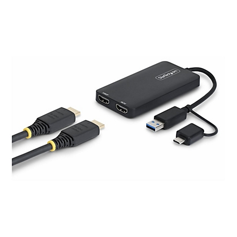 Schwarzer HDMI-Adapter mit zwei Kabeln und Anschlüssen. Auf einem Label steht 'StarTech.com'.