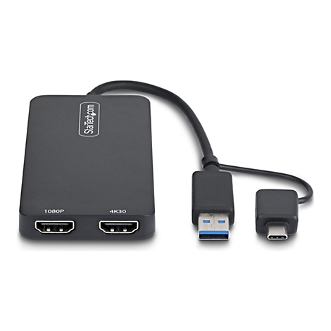 Schwarzer HDMI-Adapter mit USB- und USB-C-Anschluss, StarTech.com Logo. Anschlüsse für 1080P und 4K30.
